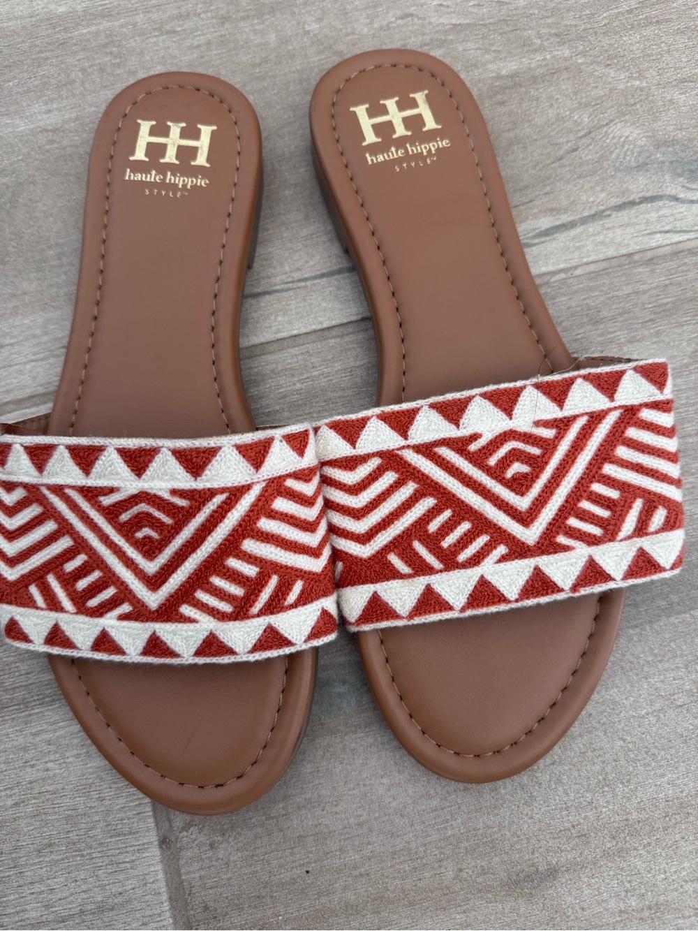 Haute Hippie Red & Tan Geometric Embroidered Slide Sandals